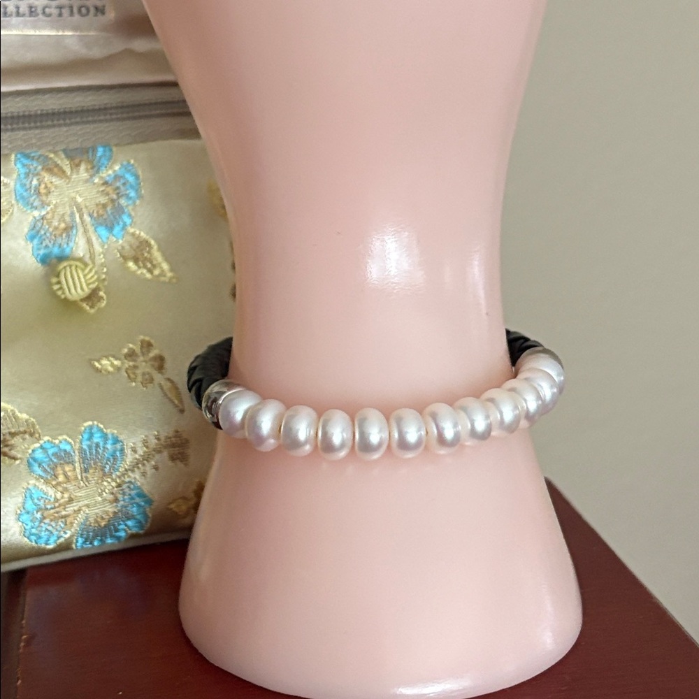 Honora Sterling 8.5mm Pearl Genuine Black Leather Braided Bracelet Stretch - Picture 4 of 9